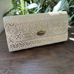 Vintage Woven Tapestry Clutch Neutral Boho Geometric Gold Thread